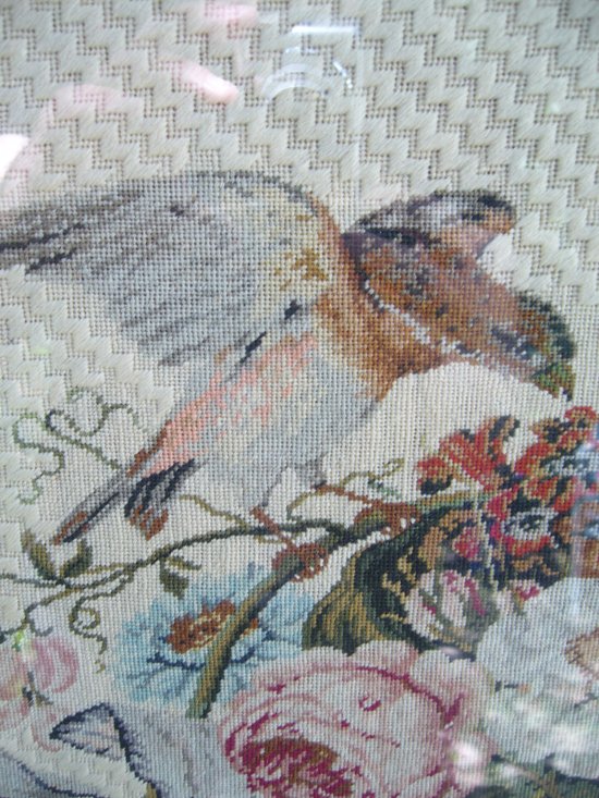 Embroidery framed with a flowered basket and birds, 19th century