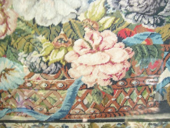 Embroidery framed with a flowered basket and birds, 19th century