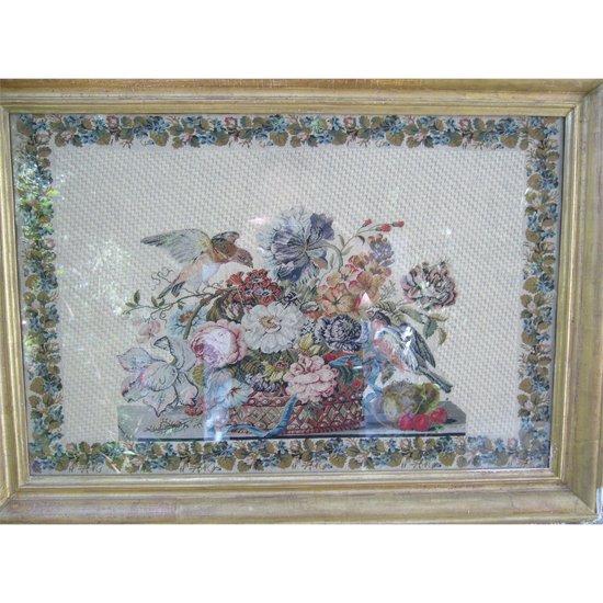 Embroidery framed with a flowered basket and birds, 19th century