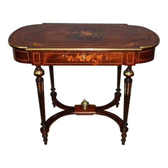 Louis XVI Style Table In Rosewood Inlaid With Flowers late XIX