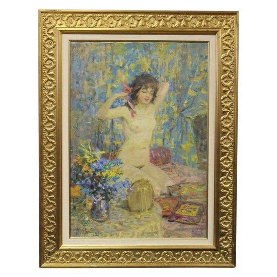 Olio su tela Giovane donna con fiocco rosa di Riasnianski