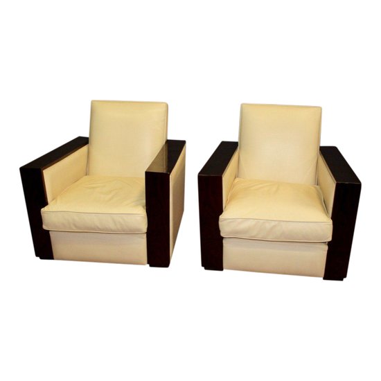 Pair Of Art Deco Style Armchairs In Rosewood And Leather