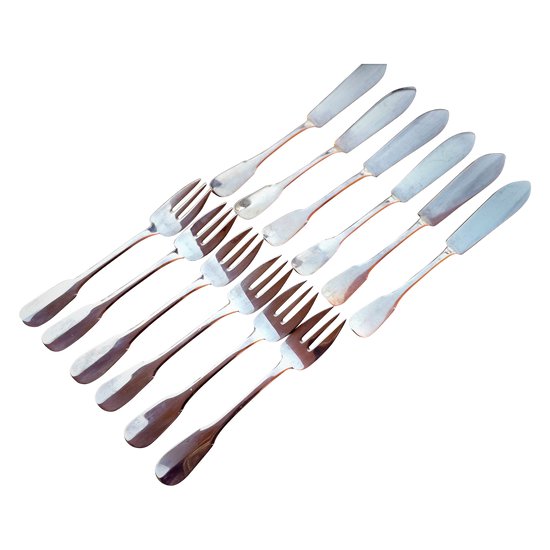 6 solid silver fish cutlery Uniplat model - "vieux Paris", Tétard silverware