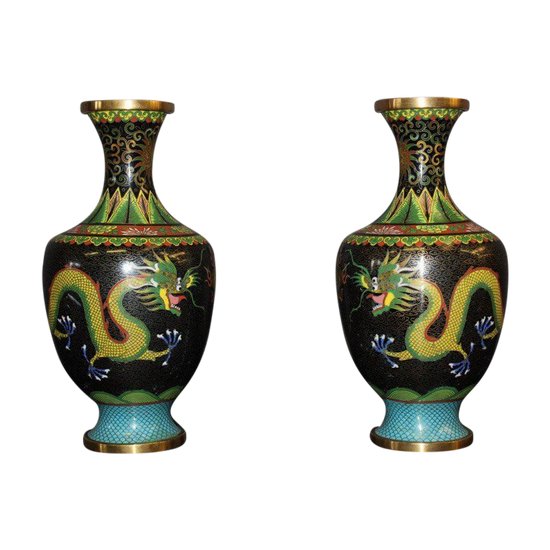 Pair Of Chinese Cloisonné Vases Dragon Décor About 1900