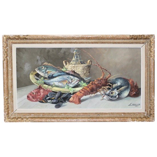 Oil On Canvas Representing Crustaceans About 1950