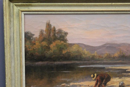 Oil on canvas La Pêche Aux Coquillages By Dubiez