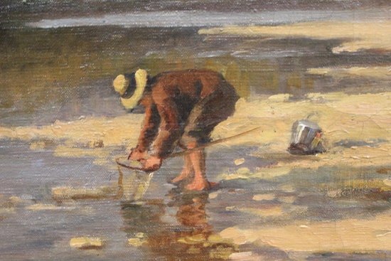Oil on canvas La Pêche Aux Coquillages By Dubiez