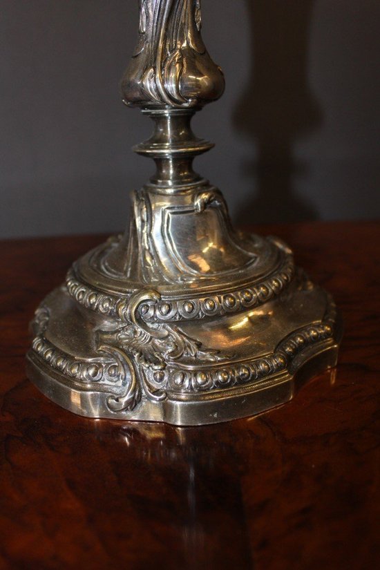 Pair De Bougeoirs De Style Louis XV En Bronze Argenté XIX