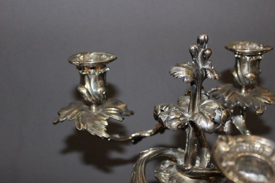 Pair De Bougeoirs De Style Louis XV En Bronze Argenté XIX