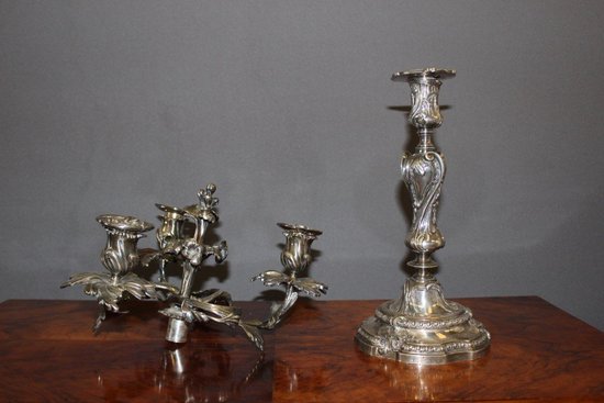 Pair De Bougeoirs De Style Louis XV En Bronze Argenté XIX