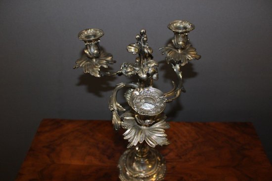 Pair De Bougeoirs De Style Louis XV En Bronze Argenté XIX