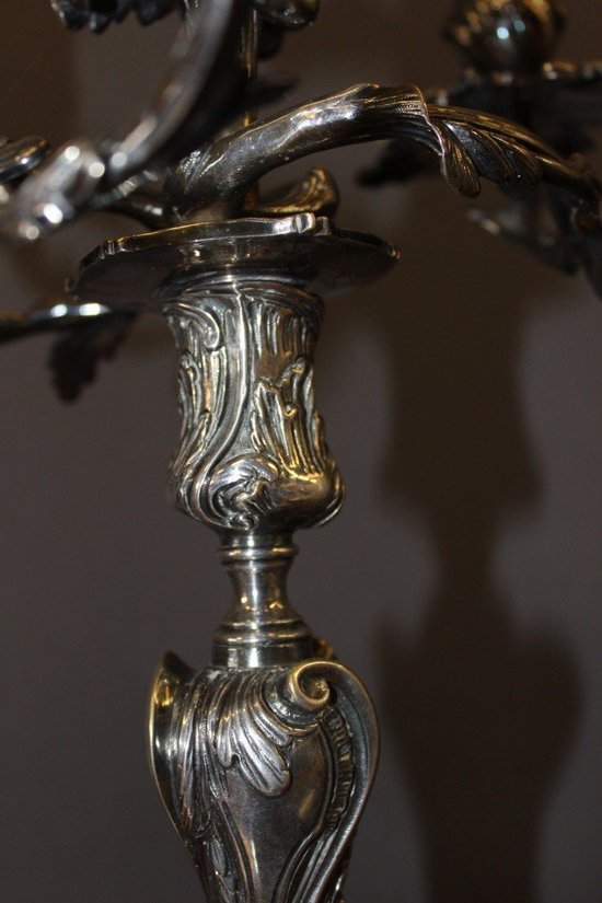 Pair De Bougeoirs De Style Louis XV En Bronze Argenté XIX