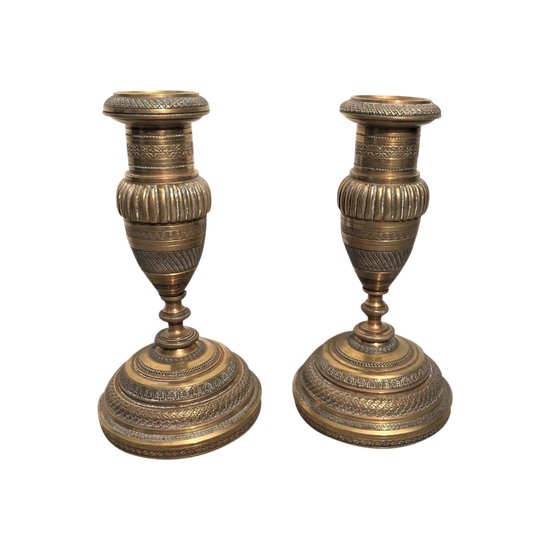 Pair of small bronze candlesticks, Restoration period.