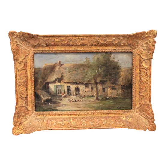 Oil on panel signed René Tener farmyard XIX century