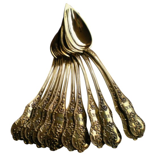 12 coffee / dessert spoons in vermeil monogram neck brace Orfvèvre CH.BUZOT XIXth (ref D 0094)