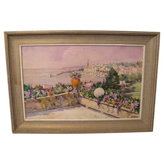 Watercolor signed E.Malezin: view of Menton from a terrace