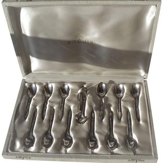 Box 12 mocha spoons + silver sugar tongs "Russian style" handles ERCUIS (ref MA 0475)