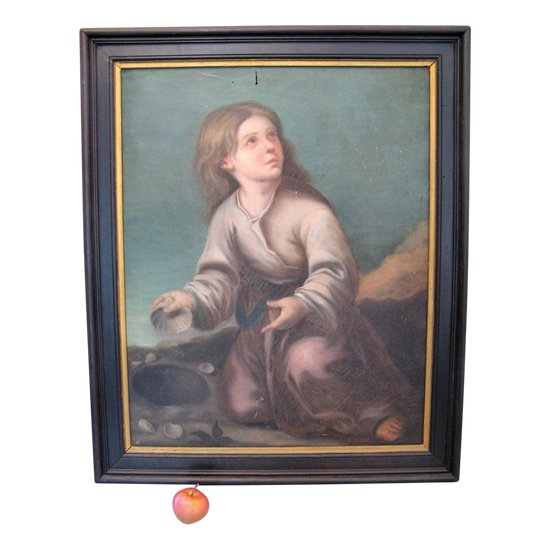 Oil on canvas painting from the 19th century " little girl with shells ".