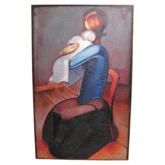 Large painting oil on canvas signed Louis Peronne " la maternité " XX th century