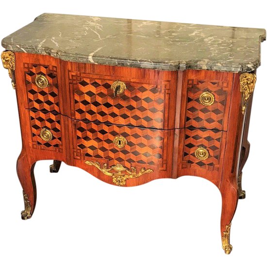 Transitional chest of drawers 18th century in marquetry stamped Antoine Mouzard