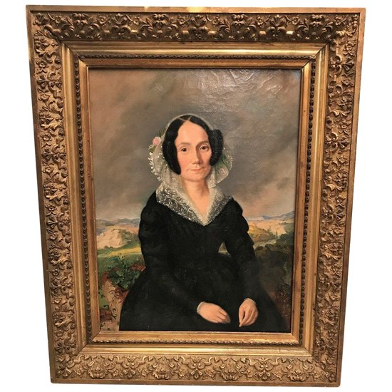 Oil on canvas portrait of a woman wearing a lace headdress Restoration period 19th century