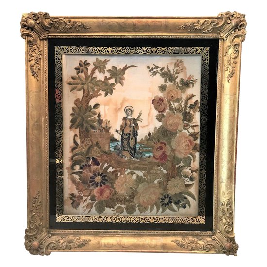 Tableau broderie religieuse Sainte Marguerite XIXème siècle