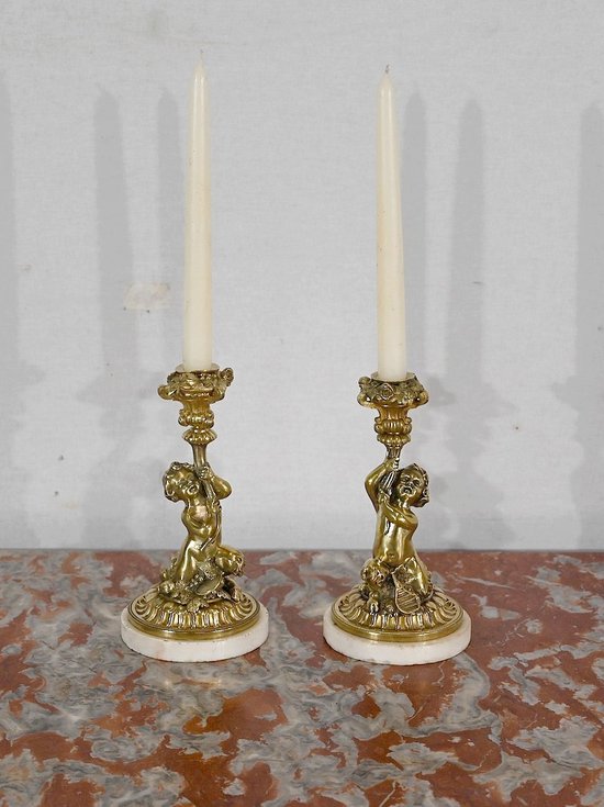 Pair of gilded bronze candlesticks, Napoleon III period - Mid 19th century