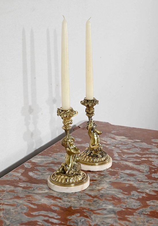 Pair of gilded bronze candlesticks, Napoleon III period - Mid 19th century