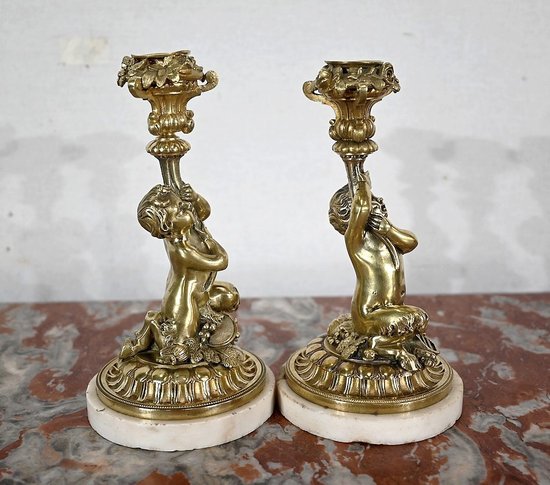 Pair of gilded bronze candlesticks, Napoleon III period - Mid 19th century