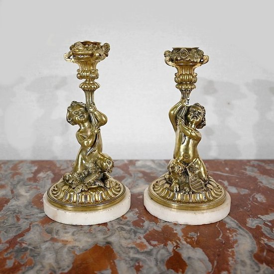 Pair of gilded bronze candlesticks, Napoleon III period - Mid 19th century