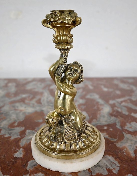 Pair of gilded bronze candlesticks, Napoleon III period - Mid 19th century
