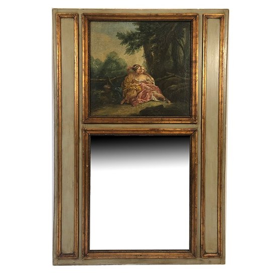 Grand trumeau en bois laqué vert, rechampi or de style Louis XVI. XIXe