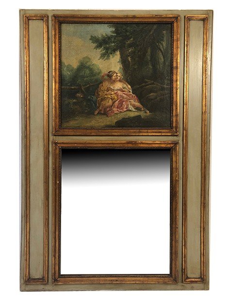 Grand trumeau en bois laqué vert, rechampi or de style Louis XVI. XIXe