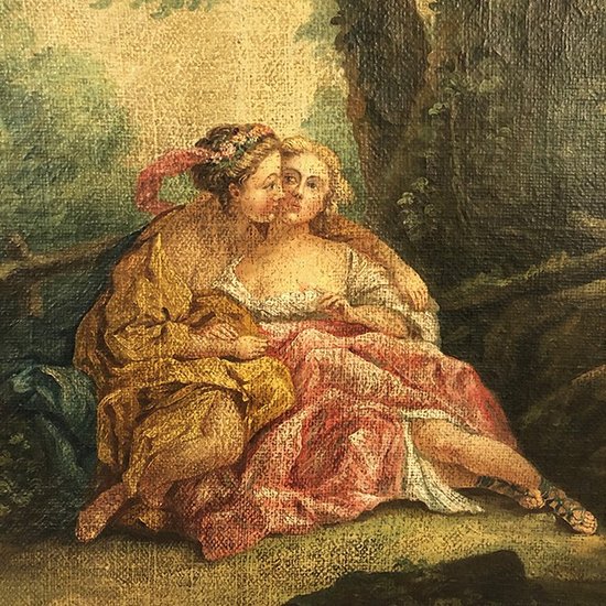 Grand trumeau en bois laqué vert, rechampi or de style Louis XVI. XIXe