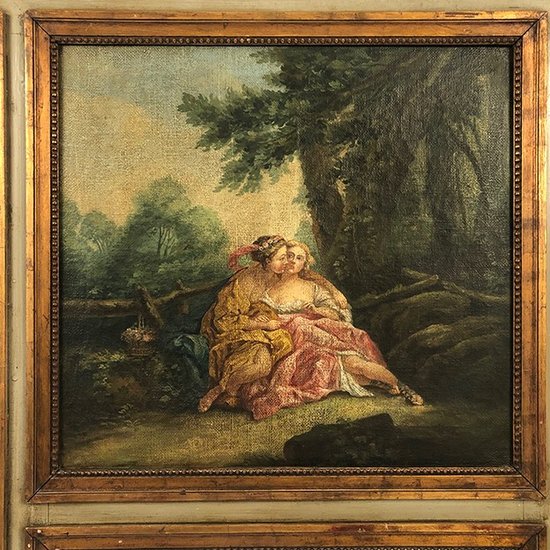 Grand trumeau en bois laqué vert, rechampi or de style Louis XVI. XIXe