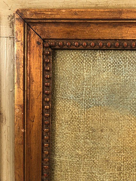 Grand trumeau en bois laqué vert, rechampi or de style Louis XVI. XIXe