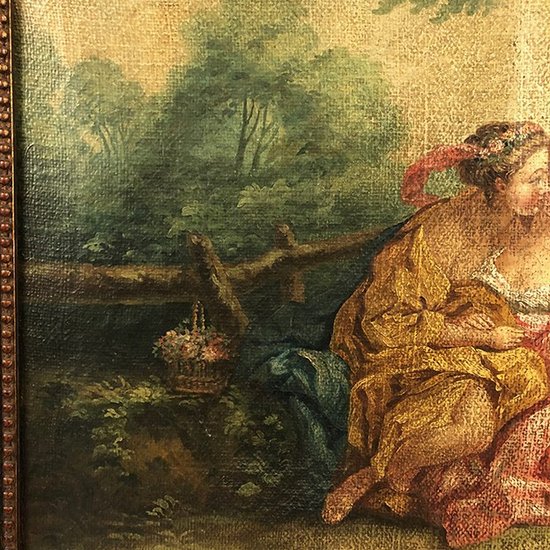 Grand trumeau en bois laqué vert, rechampi or de style Louis XVI. XIXe