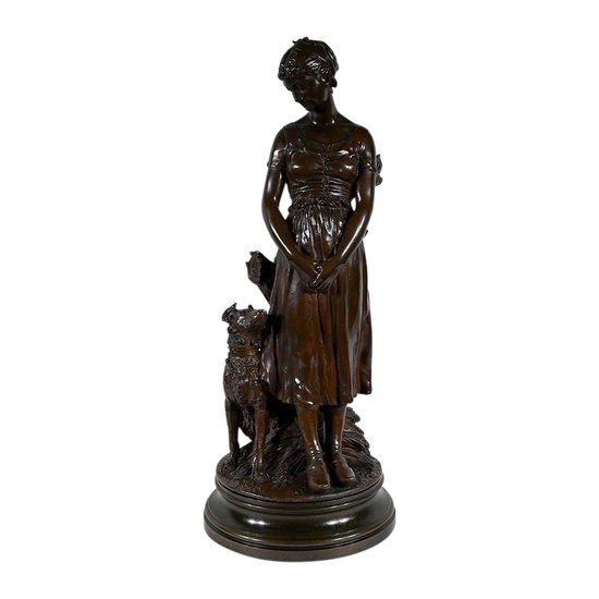 Bronze "Junge Frau mit Hund", signiert E-L.Truffot - 2. Hälfte des 19.