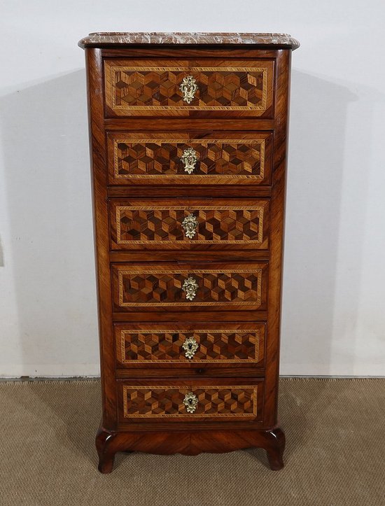 Petit Chiffonnier en Marqueterie de bois précieux, époque Napoléon III – Milieu XIXe