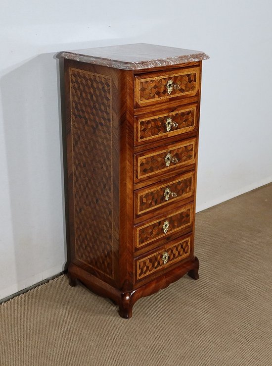 Petit Chiffonnier en Marqueterie de bois précieux, époque Napoléon III – Milieu XIXe