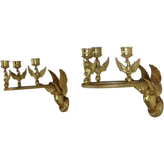 Paar Kerzenhalter-Wandleuchten aus vergoldeter Bronze, Empire - Anfang 19.