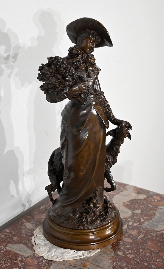 Importante bronzo "L'elegante signora e il suo cane", di A. Gaudez - Fine XIX secolo