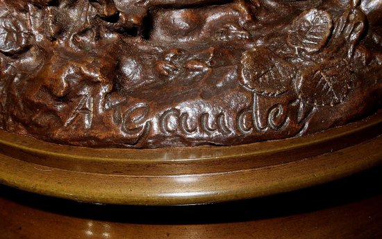 Importante bronzo "L'elegante signora e il suo cane", di A. Gaudez - Fine XIX secolo