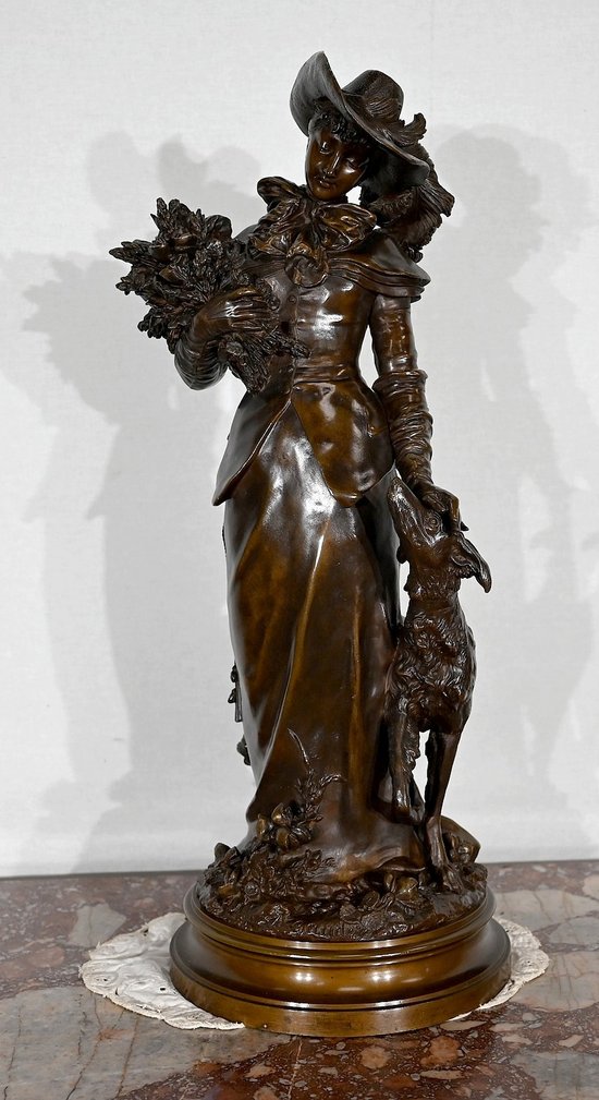 Importante bronzo "L'elegante signora e il suo cane", di A. Gaudez - Fine XIX secolo