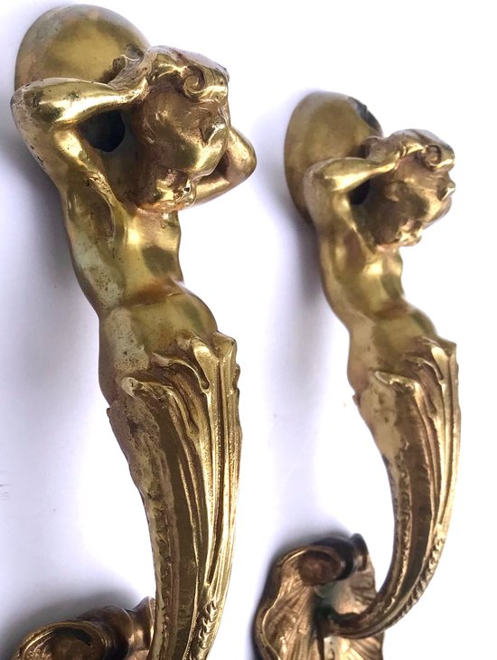 Pair of bronze door handles castle