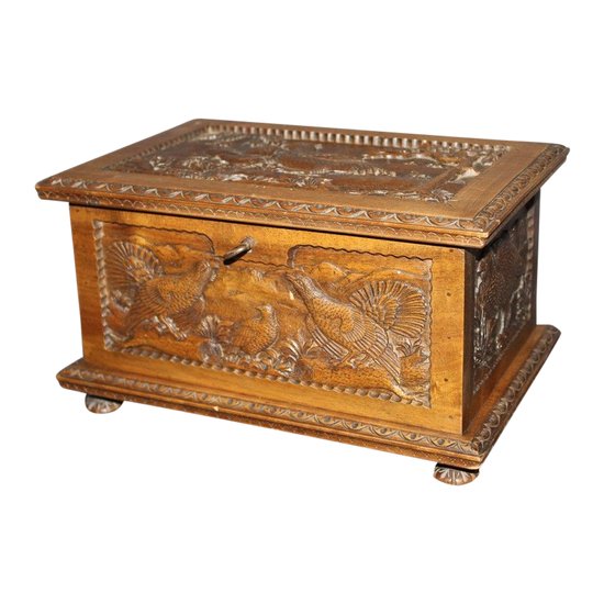 Walnut box with animals decoration end of XIX