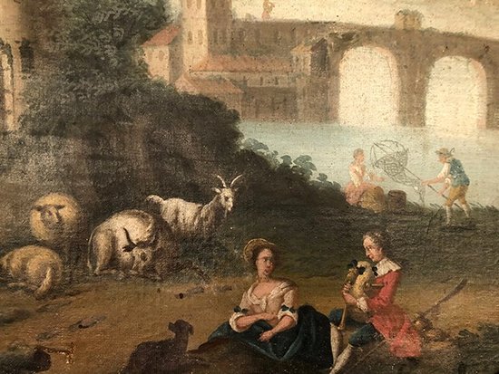 Grande sovramantello in legno laccato grigio, olio su tela nella parte superiore. XIX secolo