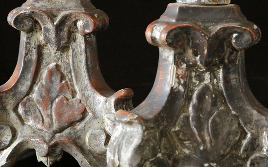 Pair of torches, candelabra in silvered wood Early 18th century