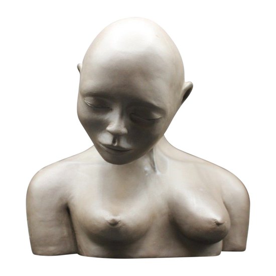 Terracotta sculpture of a young woman with naked breasts, circa 1980