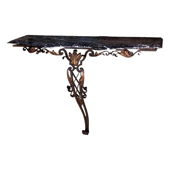 Wandkonsole aus Schmiedeeisen 1940 Art Deco und schwarzem Marmor